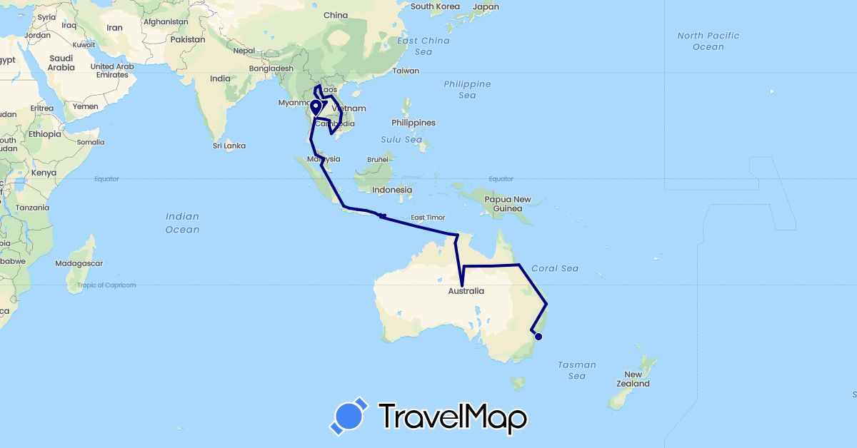 TravelMap itinerary: driving in Australia, Indonesia, Cambodia, Laos, Malaysia, Thailand, Vietnam (Asia, Oceania)